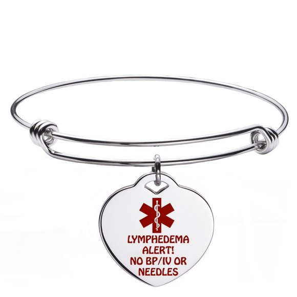 Lymphedema Alert No BP Heart Charm Bangle Medical Id Bracelet NEW! - Picture 1 of 2